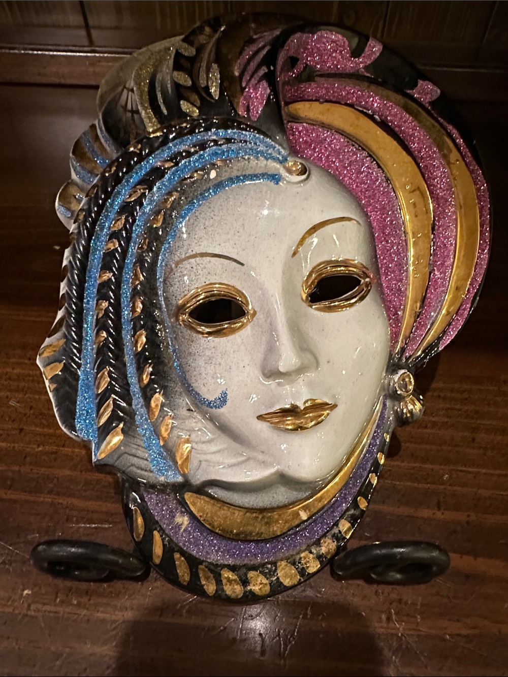 Decorative Venetian-Style Mask with Glitter Accents - Pink, Blue, Gold